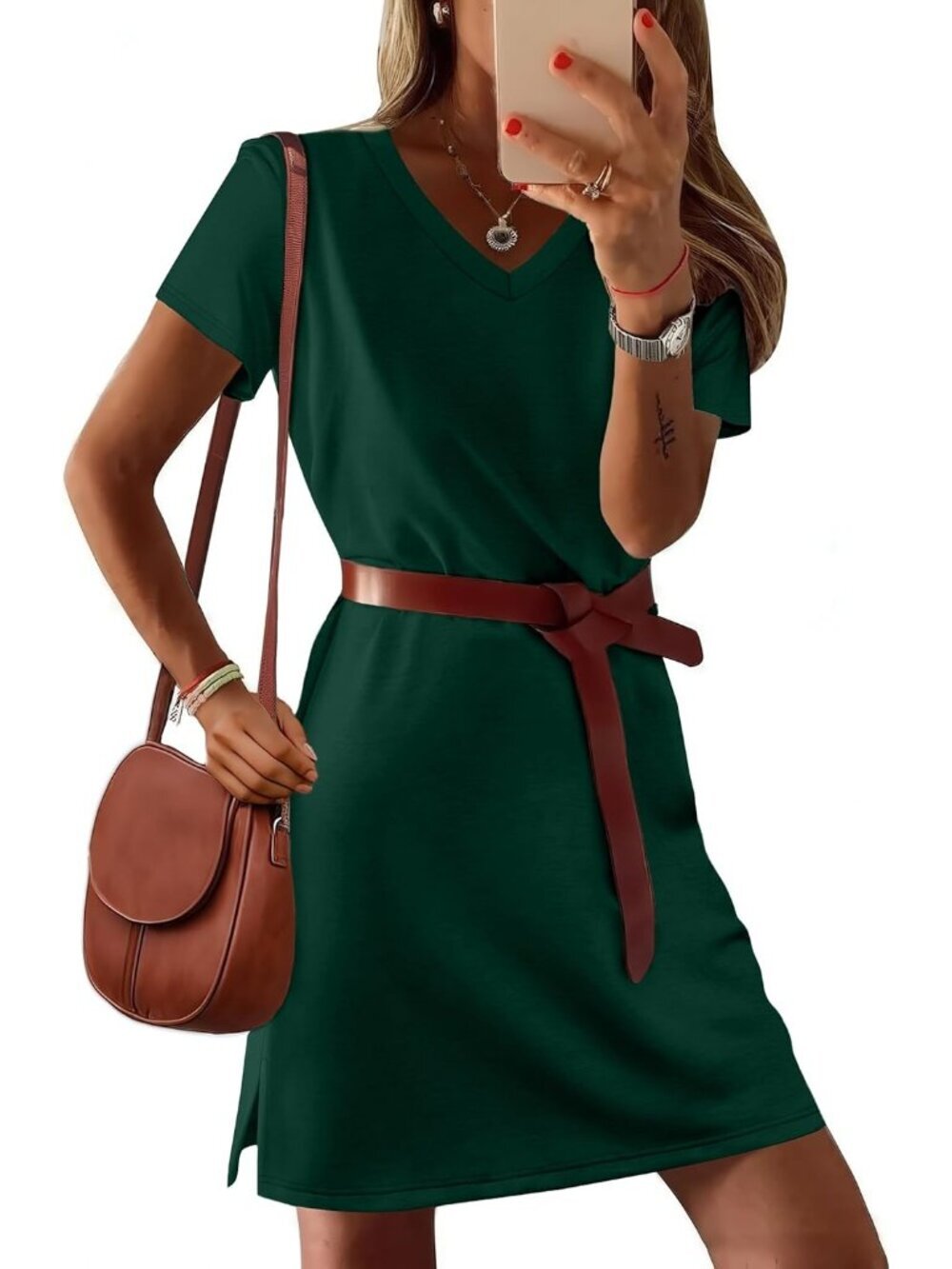 〽️Women's Green V Neck Casual Summer Sundress Imported Pull On T Shirt
